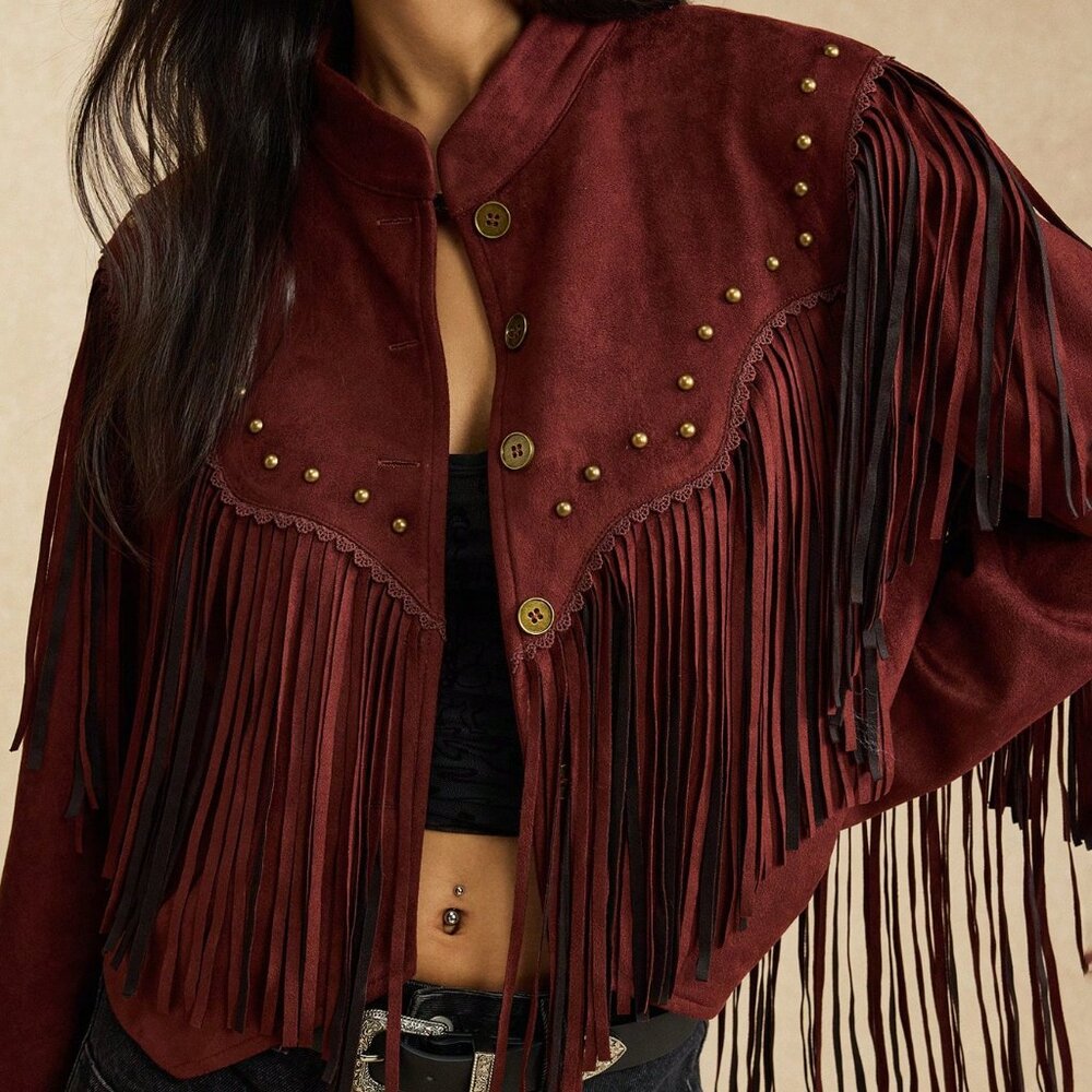 Coffee Brown Casual Women's Nomadic Tassel Decorated Jacket - Picture 3 of 7